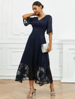 Discount Women's Maxi Dress Semi Formal Dress A Line Dress Elegant Work Birthday Flutter Sleeve Wedding Guest Cocktail Party Formal Evening Regular Fit Solid Color Plain Half Sleeve V Neck Black Pink Red Green Women Chiffon Dresses|Floral Dresses