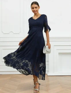 Discount Women's Maxi Dress Semi Formal Dress A Line Dress Elegant Work Birthday Flutter Sleeve Wedding Guest Cocktail Party Formal Evening Regular Fit Solid Color Plain Half Sleeve V Neck Black Pink Red Green Women Chiffon Dresses|Floral Dresses