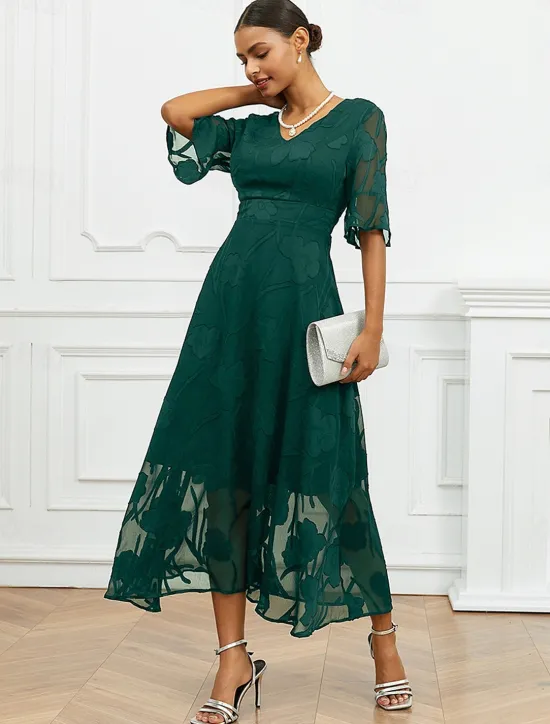 Discount Women's Maxi Dress Semi Formal Dress A Line Dress Elegant Work Birthday Flutter Sleeve Wedding Guest Cocktail Party Formal Evening Regular Fit Solid Color Plain Half Sleeve V Neck Black Pink Red Green Women Chiffon Dresses|Floral Dresses