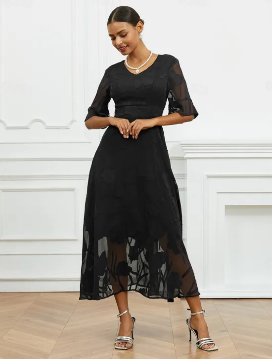Discount Women's Maxi Dress Semi Formal Dress A Line Dress Elegant Work Birthday Flutter Sleeve Wedding Guest Cocktail Party Formal Evening Regular Fit Solid Color Plain Half Sleeve V Neck Black Pink Red Green Women Chiffon Dresses|Floral Dresses
