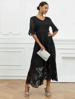 Discount Women's Maxi Dress Semi Formal Dress A Line Dress Elegant Work Birthday Flutter Sleeve Wedding Guest Cocktail Party Formal Evening Regular Fit Solid Color Plain Half Sleeve V Neck Black Pink Red Green Women Chiffon Dresses|Floral Dresses