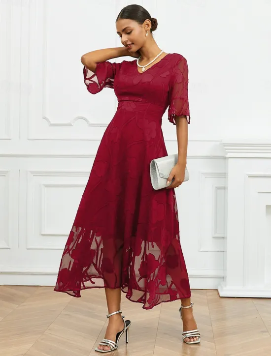 Discount Women's Maxi Dress Semi Formal Dress A Line Dress Elegant Work Birthday Flutter Sleeve Wedding Guest Cocktail Party Formal Evening Regular Fit Solid Color Plain Half Sleeve V Neck Black Pink Red Green Women Chiffon Dresses|Floral Dresses