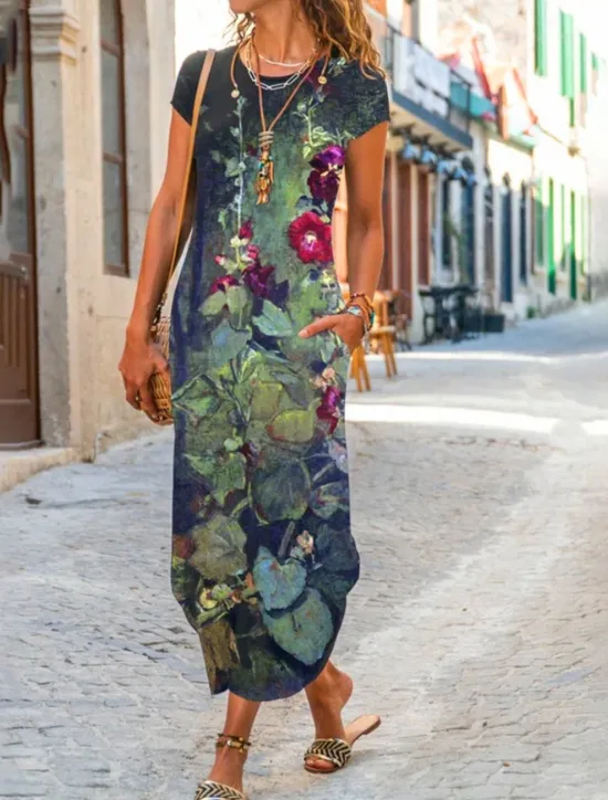 Outlet Women's Maxi Dress Sheath Dress T Shirt Dress Tee Dress Casual Boho Wedding Guest Daily Date Floral Graphic Long Sleeve Crew Neck Blue Green Gray Spring Fall Winter Autumn Women Casual Dress