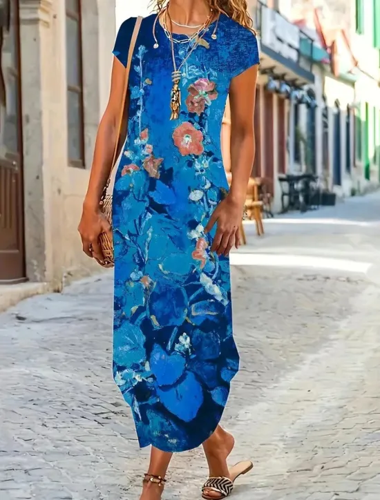 Outlet Women's Maxi Dress Sheath Dress T Shirt Dress Tee Dress Casual Boho Wedding Guest Daily Date Floral Graphic Long Sleeve Crew Neck Blue Green Gray Spring Fall Winter Autumn Women Casual Dress