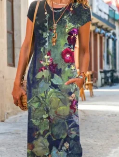 Outlet Women's Maxi Dress Sheath Dress T Shirt Dress Tee Dress Casual Boho Wedding Guest Daily Date Floral Graphic Long Sleeve Crew Neck Blue Green Gray Spring Fall Winter Autumn Women Casual Dress