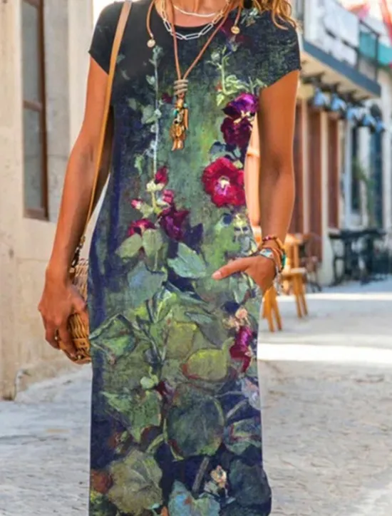 Outlet Women's Maxi Dress Sheath Dress T Shirt Dress Tee Dress Casual Boho Wedding Guest Daily Date Floral Graphic Long Sleeve Crew Neck Blue Green Gray Spring Fall Winter Autumn Women Casual Dress