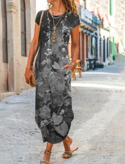 Outlet Women's Maxi Dress Sheath Dress T Shirt Dress Tee Dress Casual Boho Wedding Guest Daily Date Floral Graphic Long Sleeve Crew Neck Blue Green Gray Spring Fall Winter Autumn Women Casual Dress