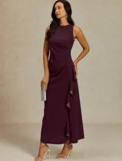 Best Women's Maxi Dress Sheath Dress Pleated Dress Ruffle Dress Elegant Party Semi Formal Wedding Guest Evening Party Graduation Solid Color Sleeveless Crew Neck Boat Neck Summer Spring Fall Women Cocktail Dress