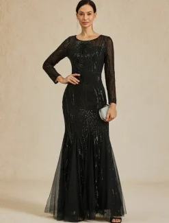 Clearance Women's Maxi Dress Sheath Dress Elegant Evening Party Regular Fit Solid Color Long Sleeve Crew Neck Fall Winter Women Cocktail Dress