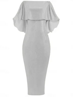 New Women's Maxi Dress Sheath Dress Party Cocktail Semi Formal Outdoor Party Wedding Guest Regular Fit Solid Color 3/4 Length Sleeve Off Shoulder Silver Black Champagne Pink Summer Women Cocktail Dress