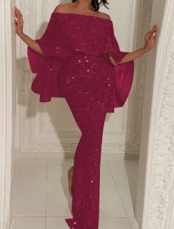 New Women's Maxi Dress Sheath Dress Party Cocktail Semi Formal Outdoor Party Wedding Guest Regular Fit Solid Color 3/4 Length Sleeve Off Shoulder Silver Black Champagne Pink Summer Women Cocktail Dress