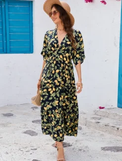 Clearance Women's Maxi Dress Sheath Dress A Line Dress Vacation Casual Boho Butterfly Sleeve Party Going out Beach Standard Fit Fruit Half Sleeve V Neck Summer Spring Women Vacation Dresses
