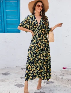 Clearance Women's Maxi Dress Sheath Dress A Line Dress Vacation Casual Boho Butterfly Sleeve Party Going out Beach Standard Fit Fruit Half Sleeve V Neck Summer Spring Women Vacation Dresses