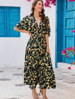 Clearance Women's Maxi Dress Sheath Dress A Line Dress Vacation Casual Boho Butterfly Sleeve Party Going out Beach Standard Fit Fruit Half Sleeve V Neck Summer Spring Women Vacation Dresses