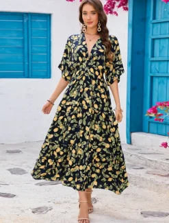 Clearance Women's Maxi Dress Sheath Dress A Line Dress Vacation Casual Boho Butterfly Sleeve Party Going out Beach Standard Fit Fruit Half Sleeve V Neck Summer Spring Women Vacation Dresses