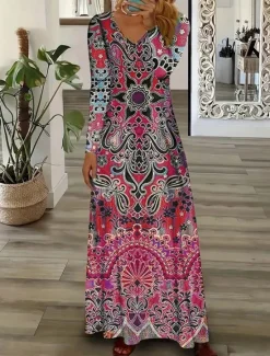 Hot Women's Maxi Dress Sheath Dress Party Casual Boho Daily Date Going out Regular Fit Graphic Paisley Long Sleeve V Neck Pink Purple Orange Green Spring Fall Winter Autumn Women Casual Dress|Vacation Dresses