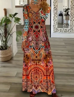 Hot Women's Maxi Dress Sheath Dress Party Casual Boho Daily Date Going out Regular Fit Graphic Paisley Long Sleeve V Neck Pink Purple Orange Green Spring Fall Winter Autumn Women Casual Dress|Vacation Dresses