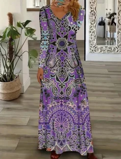 Hot Women's Maxi Dress Sheath Dress Party Casual Boho Daily Date Going out Regular Fit Graphic Paisley Long Sleeve V Neck Pink Purple Orange Green Spring Fall Winter Autumn Women Casual Dress|Vacation Dresses