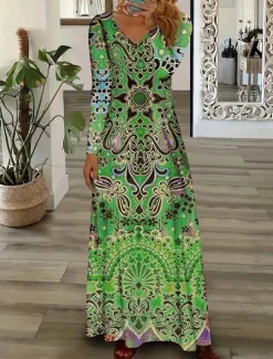 Hot Women's Maxi Dress Sheath Dress Party Casual Boho Daily Date Going out Regular Fit Graphic Paisley Long Sleeve V Neck Pink Purple Orange Green Spring Fall Winter Autumn Women Casual Dress|Vacation Dresses
