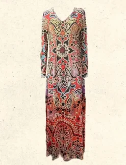 Hot Women's Maxi Dress Sheath Dress Party Casual Boho Daily Date Going out Regular Fit Graphic Paisley Long Sleeve V Neck Pink Purple Orange Green Spring Fall Winter Autumn Women Casual Dress|Vacation Dresses