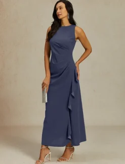 Outlet Women's Maxi Dress Sheath Dress Pleated Dress Ruffle Dress Elegant Party Semi Formal Wedding Guest Graduation Cocktail Party Solid Color Sleeveless Crew Neck Boat Neck Summer Spring Fall Women Cocktail Dress