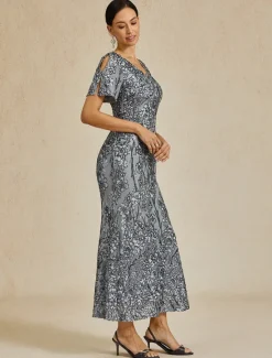 Discount Women's Maxi Dress Sheath Dress Trumpet Mermaid Dress Elegant Party Cocktail Cold Shoulder Evening Party Cocktail Party Floral Short Sleeve V Neck Summer Spring Fall Winter Women Cocktail Dress