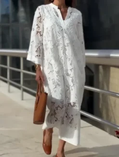 Online Women's Maxi Dress Shift Dress Summer Dress Casual Daily Regular Fit Plain 3/4 Length Sleeve Notched Neck Summer Women White Dresses