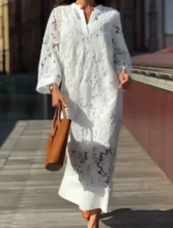 Online Women's Maxi Dress Shift Dress Summer Dress Casual Daily Regular Fit Plain 3/4 Length Sleeve Notched Neck Summer Women White Dresses