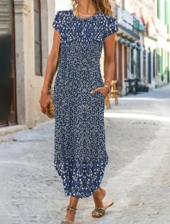 Discount Women's Maxi Dress Shift Dress Floral Ditsy Floral Pocket Split Crew Neck Daily Date Short Sleeve Summer Spring Women Spring Dresses|Casual Dress