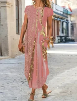 Hot Women's Maxi Dress Shift Dress Ombre Marble Pocket Split Crew Neck Daily Date Short Sleeve Summer Spring Women Vacation Dresses
