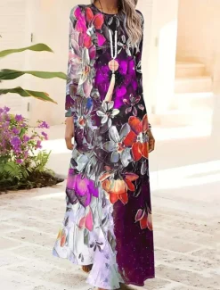 Best Women's Maxi Dress Shift Dress A Line Dress Party Casual Boho Daily Date Going out Regular Fit Floral Graphic Tie Dye Long Sleeve Crew Neck Red Blue Green Spring Fall Winter Autumn Women Casual Dress