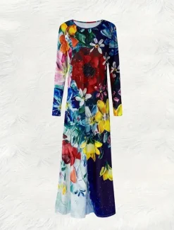 Best Women's Maxi Dress Shift Dress A Line Dress Party Casual Boho Daily Date Going out Regular Fit Floral Graphic Tie Dye Long Sleeve Crew Neck Red Blue Green Spring Fall Winter Autumn Women Casual Dress