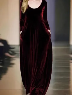 Discount Women's Maxi Dress Shift Dress Party Birthday Casual Party Wedding Guest Birthday Regular Fit Plain Long Sleeve Crew Neck Black Red Blue Green Spring Fall Winter Autumn Women Casual Dress