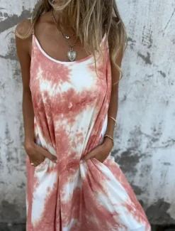 New Women's Maxi Dress Slip Dress Off The Shoulder Dress Casual Outdoor Going out Regular Fit Tie Dye Sleeveless Spaghetti Strap Pink Navy Blue Apricot Summer Women Sundresses