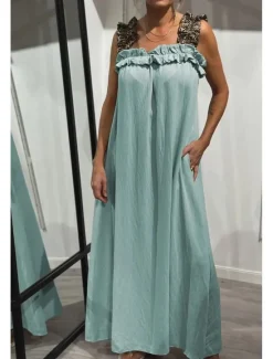 Sale Women's Maxi Dress Slip Dress Vacation Outdoor Beach Tailored Fit Leopard Plain Sleeveless Cold Shoulder Deep Green Black White Light Green Summer Women Vacation Dresses|Floral Dresses