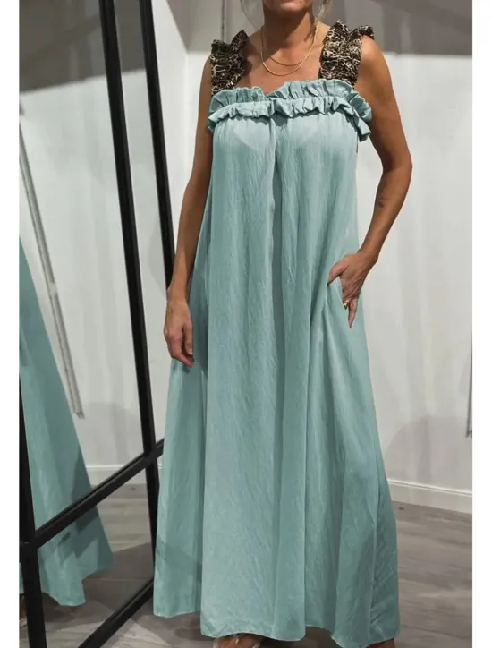 Sale Women's Maxi Dress Slip Dress Vacation Outdoor Beach Tailored Fit Leopard Plain Sleeveless Cold Shoulder Deep Green Black White Light Green Summer Women Vacation Dresses|Floral Dresses