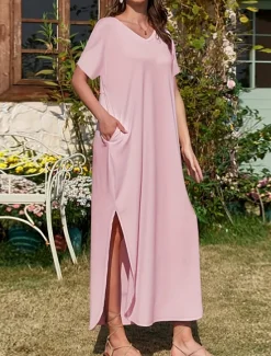 Best Women's Maxi Dress Summer Dress Casual Daily Regular Fit Plain Short Sleeve V Neck Black Pink Green Summer Women Casual Dress