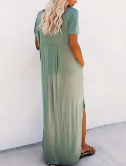Best Women's Maxi Dress Summer Dress Casual Daily Regular Fit Plain Short Sleeve V Neck Black Pink Green Summer Women Casual Dress