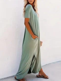 Best Women's Maxi Dress Summer Dress Casual Daily Regular Fit Plain Short Sleeve V Neck Black Pink Green Summer Women Casual Dress