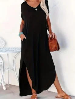 Best Women's Maxi Dress Summer Dress Casual Daily Regular Fit Plain Short Sleeve V Neck Black Pink Green Summer Women Casual Dress