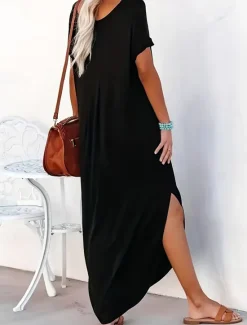 Best Women's Maxi Dress Summer Dress Casual Daily Regular Fit Plain Short Sleeve V Neck Black Pink Green Summer Women Casual Dress
