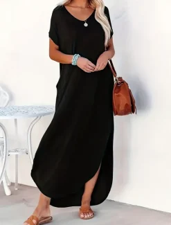 Best Women's Maxi Dress Summer Dress Casual Daily Regular Fit Plain Short Sleeve V Neck Black Pink Green Summer Women Casual Dress
