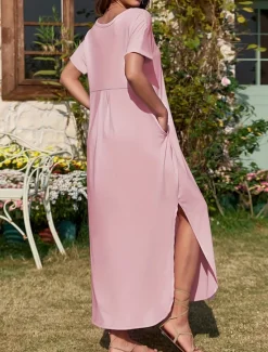 Best Women's Maxi Dress Summer Dress Casual Daily Regular Fit Plain Short Sleeve V Neck Black Pink Green Summer Women Casual Dress