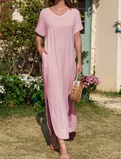 Best Women's Maxi Dress Summer Dress Casual Daily Regular Fit Plain Short Sleeve V Neck Black Pink Green Summer Women Casual Dress