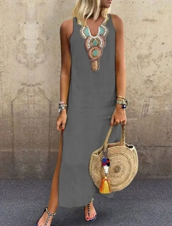 Online Women's Maxi Dress Summer Dress Casual Boho Daily Regular Fit Graphic Sleeveless Notched Neck White Yellow Wine Gray Summer Women Dresses