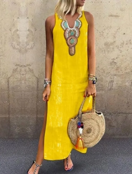 Online Women's Maxi Dress Summer Dress Casual Boho Daily Regular Fit Graphic Sleeveless Notched Neck White Yellow Wine Gray Summer Women Dresses
