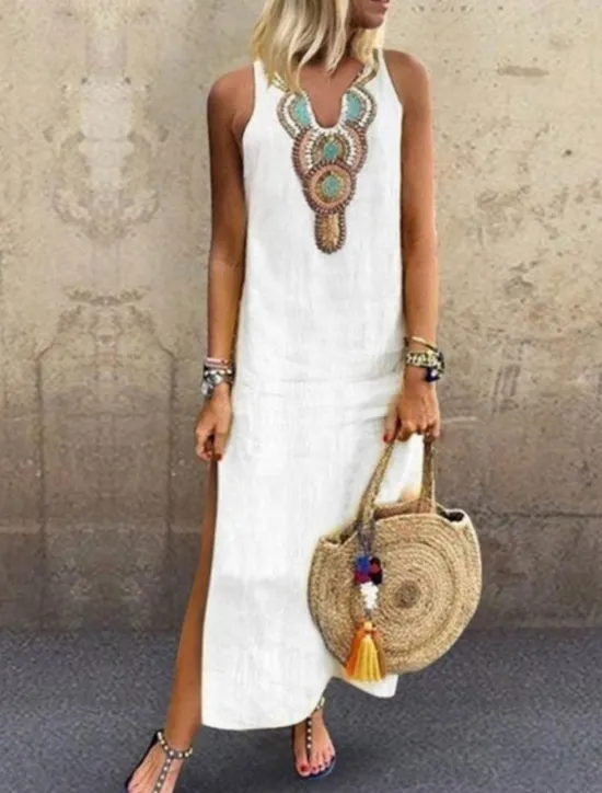 Online Women's Maxi Dress Summer Dress Casual Boho Daily Regular Fit Graphic Sleeveless Notched Neck White Yellow Wine Gray Summer Women Dresses