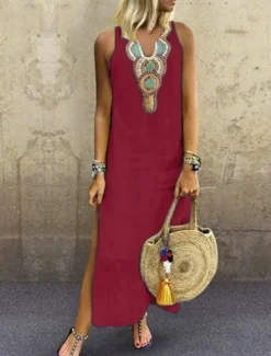 Online Women's Maxi Dress Summer Dress Casual Boho Daily Regular Fit Graphic Sleeveless Notched Neck White Yellow Wine Gray Summer Women Dresses