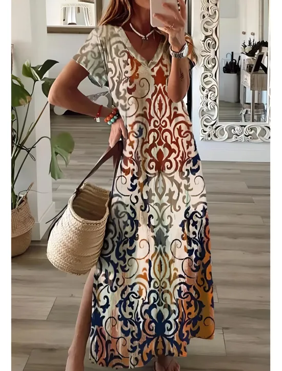 Clearance Women's Maxi Dress Sundress A Line Dress Vacation Casual Boho Going out Beach Loose Fit Floral Graphic Geometric Short Sleeve V Neck Light Brown Blue Sky Blue Grey Summer Spring Women Vacation Dresses