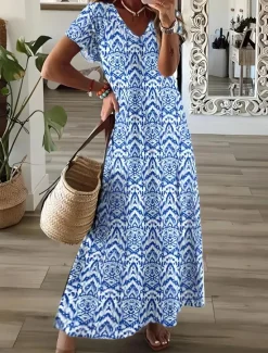 Clearance Women's Maxi Dress Sundress A Line Dress Vacation Casual Boho Going out Beach Loose Fit Floral Graphic Geometric Short Sleeve V Neck Light Brown Blue Sky Blue Grey Summer Spring Women Vacation Dresses
